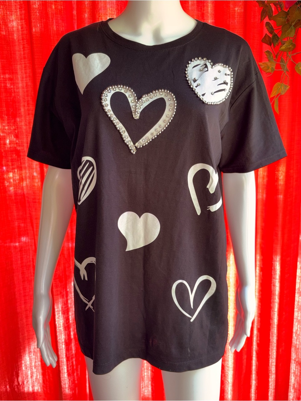Mint Black Tee with White Heart Prints and Rhinestone Detail